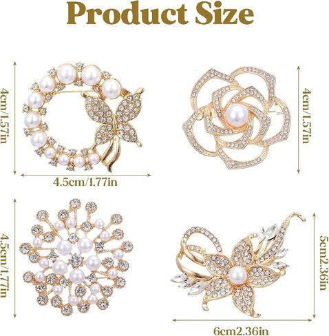 Pearl Flower Brooches for Women, 4pcs Glod Crystal Floral Pins, 4 Stlye Rhinestone Pearl Brooch, Fashion Elegant Golden Pins for Wedding Appreciation Ceremony Decor in Saudi Arabia