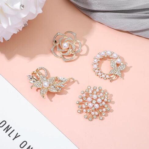 Pearl Flower Brooches for Women, 4pcs Glod Crystal Floral Pins, 4 Stlye Rhinestone Pearl Brooch, Fashion Elegant Golden Pins for Wedding Appreciation Ceremony Decor in Saudi Arabia