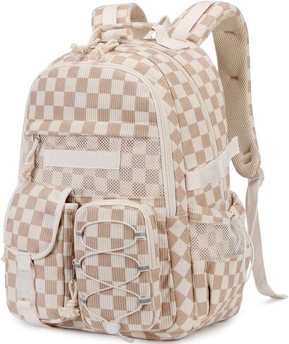 Octsky School Backpack for Teen Girls Checkered Bookbags Elementary High School Laptop Bags Women Travel Daypacks, Brown/White in Saudi Arabia