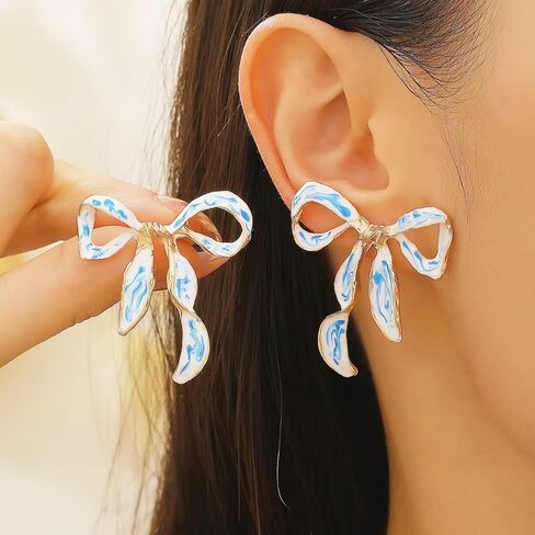 Bow Earrings for Women Gold Plated Vintage Elegant Enamel Blue and White Porcelain Ribbon Bowknot Flower Stud Earrings for Minimalist Wedding Bridal Birthday Christmas Holiday Jewelry Accessories in Kuwait