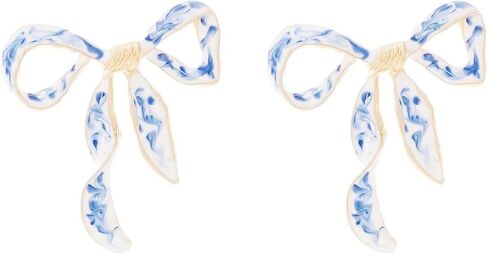Bow Earrings for Women Gold Plated Vintage Elegant Enamel Blue and White Porcelain Ribbon Bowknot Flower Stud Earrings for Minimalist Wedding Bridal Birthday Christmas Holiday Jewelry Accessories in Saudi Arabia