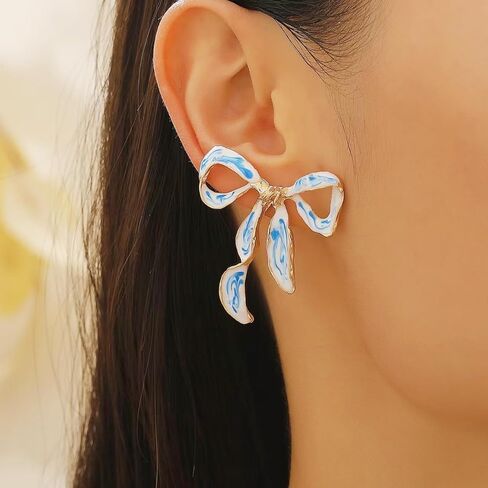 Bow Earrings for Women Gold Plated Vintage Elegant Enamel Blue and White Porcelain Ribbon Bowknot Flower Stud Earrings for Minimalist Wedding Bridal Birthday Christmas Holiday Jewelry Accessories in Kuwait