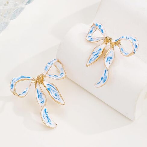 Bow Earrings for Women Gold Plated Vintage Elegant Enamel Blue and White Porcelain Ribbon Bowknot Flower Stud Earrings for Minimalist Wedding Bridal Birthday Christmas Holiday Jewelry Accessories in Kuwait