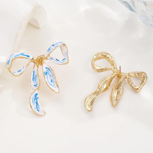 Bow Earrings for Women Gold Plated Vintage Elegant Enamel Blue and White Porcelain Ribbon Bowknot Flower Stud Earrings for Minimalist Wedding Bridal Birthday Christmas Holiday Jewelry Accessories in Kuwait