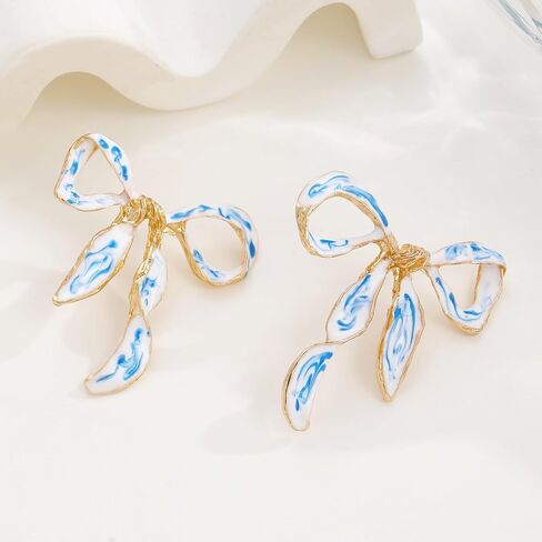 Bow Earrings for Women Gold Plated Vintage Elegant Enamel Blue and White Porcelain Ribbon Bowknot Flower Stud Earrings for Minimalist Wedding Bridal Birthday Christmas Holiday Jewelry Accessories in Saudi Arabia