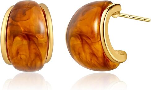 Chunky 14K Gold Plated Resin Stud Hoop Earrings for Women Brown and Gold Amber Earrings Lightweight Half Hoops in Kuwait