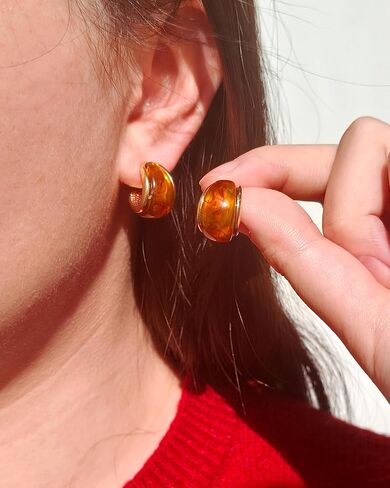 Chunky 14K Gold Plated Resin Stud Hoop Earrings for Women Brown and Gold Amber Earrings Lightweight Half Hoops in Kuwait