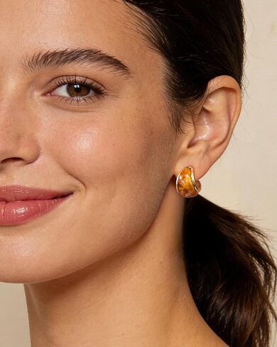 Chunky 14K Gold Plated Resin Stud Hoop Earrings for Women Brown and Gold Amber Earrings Lightweight Half Hoops in Kuwait