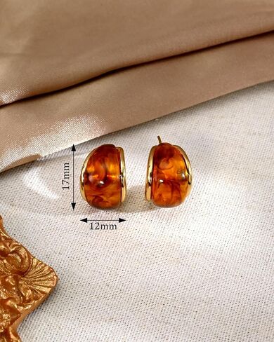 Chunky 14K Gold Plated Resin Stud Hoop Earrings for Women Brown and Gold Amber Earrings Lightweight Half Hoops in Kuwait