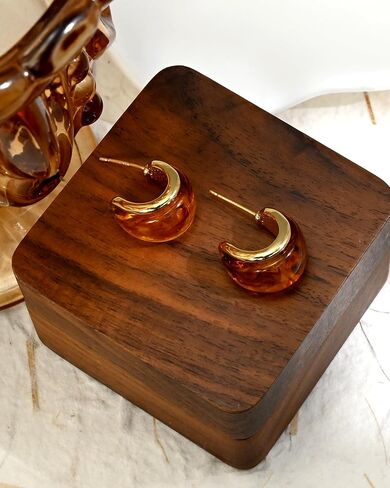 Chunky 14K Gold Plated Resin Stud Hoop Earrings for Women Brown and Gold Amber Earrings Lightweight Half Hoops in Kuwait