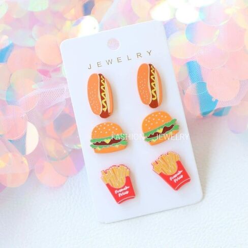 3 Pairs Cute Funny Hamburger Hot Dog French Fries Stud Earrings for Women Handmade Imitation Food Acrylic Earring for Women in Saudi Arabia
