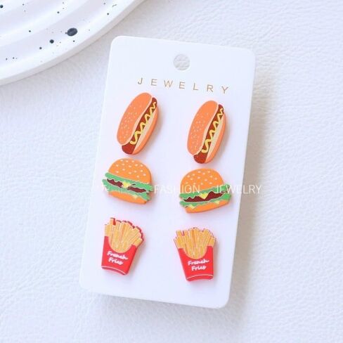 3 Pairs Cute Funny Hamburger Hot Dog French Fries Stud Earrings for Women Handmade Imitation Food Acrylic Earring for Women in Saudi Arabia