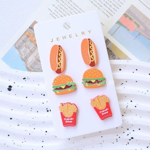 3 Pairs Cute Funny Hamburger Hot Dog French Fries Stud Earrings for Women Handmade Imitation Food Acrylic Earring for Women in Saudi Arabia