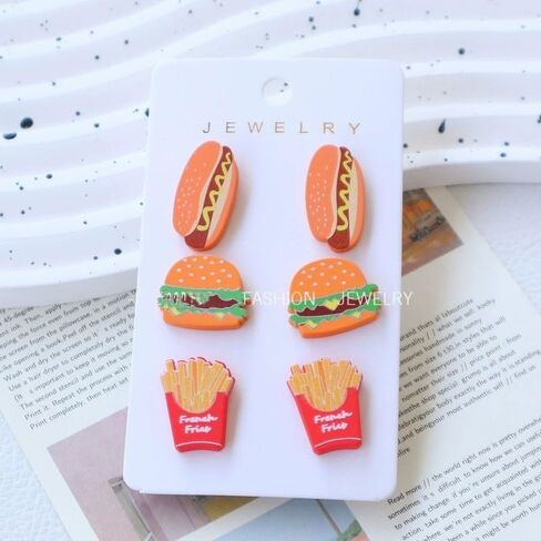 3 Pairs Cute Funny Hamburger Hot Dog French Fries Stud Earrings for Women Handmade Imitation Food Acrylic Earring for Women in Saudi Arabia