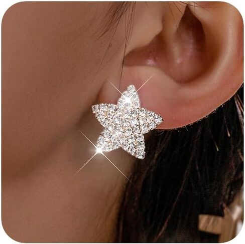 Sparkly Rhinestone Star Earrings Silver Simple Stud Earrings for Women Crystal Statement Earrings for Bar Disco Prom Valentine Wedding in Kuwait
