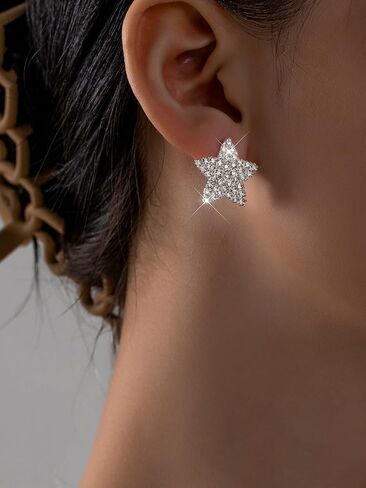 Sparkly Rhinestone Star Earrings Silver Simple Stud Earrings for Women Crystal Statement Earrings for Bar Disco Prom Valentine Wedding in Kuwait