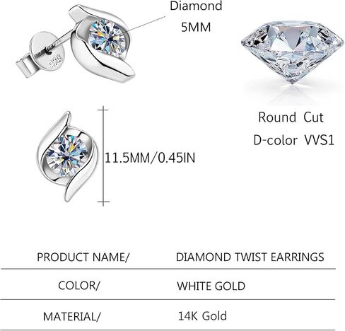 14K Gold Geometric Diamond Stud Earrings, 0.5ct Round Cut D-color VVS1, Ideal for Valentines Day Gifts for Her in Saudi Arabia