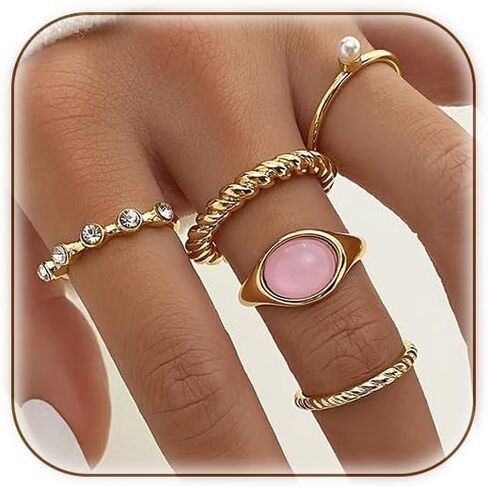 5Pcs Turquoise Stackable Ring Set for Women Gold Adjustable Open Band Boho Statement Rings for Daily Wear Party Vacation Date Night in Saudi Arabia