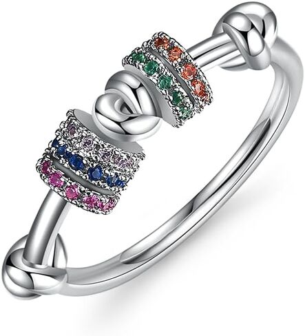 S925 Silver Plated Anxiety Spinner Ring for Women, Multicolor Rainbow CZ Fidget Ring, Knot Design Stress Relief Finger Knuckle Ring, Thin Statement Cocktail Promise Ring Jewelry Gift in Saudi Arabia