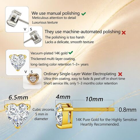 14K Gold Plated Earrings for Women Hypoallergenic 316L Stainless Steel Heart Cubic Zirconia Stud Earrings Birthday Valentine's Day Her CZ Jewelry Gifts in Kuwait