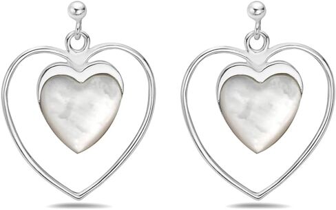 Valentine's Day -Sterling Silver Open Heart Dangle Earring with a Smaller MOP Heart in the Center in Saudi Arabia