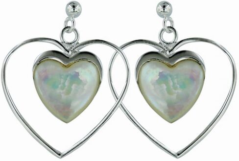Valentine's Day -Sterling Silver Open Heart Dangle Earring with a Smaller MOP Heart in the Center in Saudi Arabia