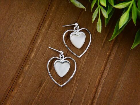 Valentine's Day -Sterling Silver Open Heart Dangle Earring with a Smaller MOP Heart in the Center in Saudi Arabia