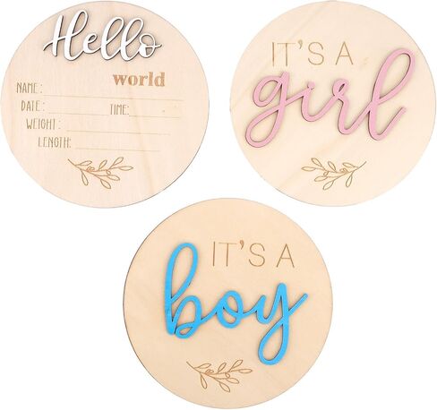 3pcs Baby Announcement Sign, Gender Reveal Sign for Baby Birth Its a Boy/Girl and Hello World Newborn Welcome Board Wooden Name Announcement Plaque for Hospital Shower Party Photo Props in Kuwait