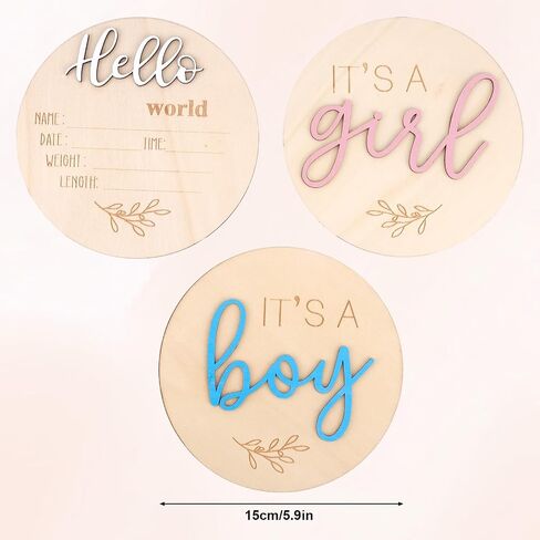3pcs Baby Announcement Sign, Gender Reveal Sign for Baby Birth Its a Boy/Girl and Hello World Newborn Welcome Board Wooden Name Announcement Plaque for Hospital Shower Party Photo Props in Kuwait