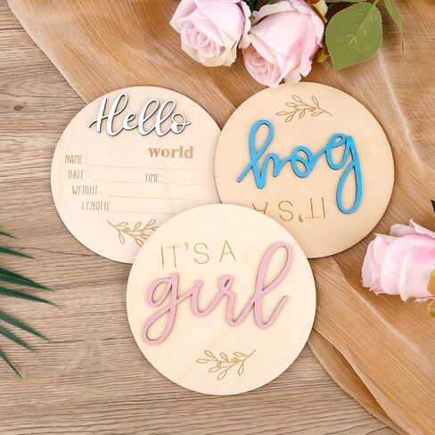 3pcs Baby Announcement Sign, Gender Reveal Sign for Baby Birth Its a Boy/Girl and Hello World Newborn Welcome Board Wooden Name Announcement Plaque for Hospital Shower Party Photo Props in Kuwait