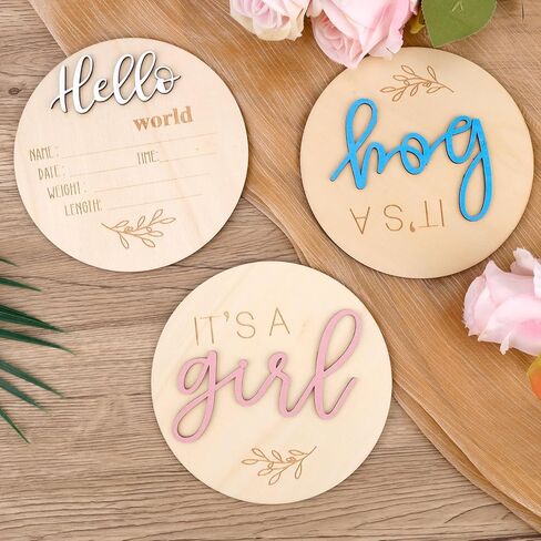 3pcs Baby Announcement Sign, Gender Reveal Sign for Baby Birth Its a Boy/Girl and Hello World Newborn Welcome Board Wooden Name Announcement Plaque for Hospital Shower Party Photo Props in Kuwait