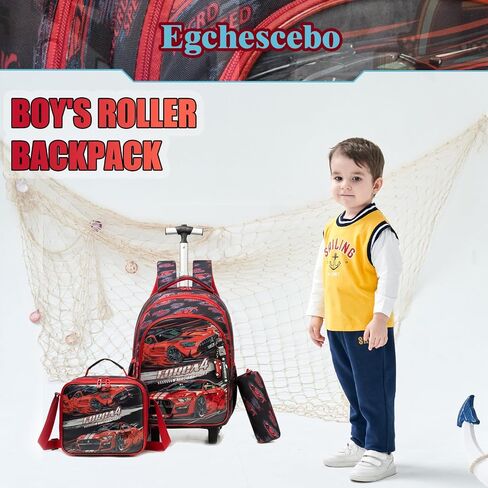 Kids Rolling Cars Backpack for Boys Trolley Suitcases Luggage Travel with Wheels Bookbag Wheeled 17" 3PCS Roller Backpacks Toddler Tote Bag Back Pack School Bags Set Elementary Red in Saudi Arabia