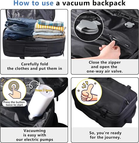 Vacuum Backpack Travel with Pump, 60L Exapandable Air Compression Vacuum System, Available Boarding, Carry on Luggage, Water Resistant, TSA Lock and Strong Sealing Airbag for Travel, Black in Saudi Arabia