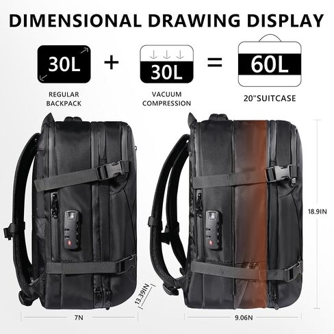 Vacuum Backpack Travel with Pump, 60L Exapandable Air Compression Vacuum System, Available Boarding, Carry on Luggage, Water Resistant, TSA Lock and Strong Sealing Airbag for Travel, Black in Saudi Arabia