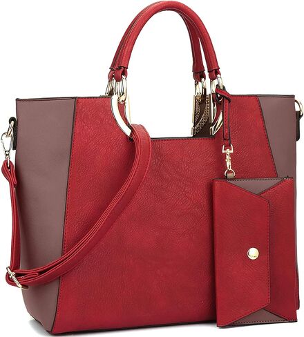 Women's Two-Tone Vegan Leather Tote Purse Large Top Handle Satchel Work Bag with Matching Wristlet in Kuwait