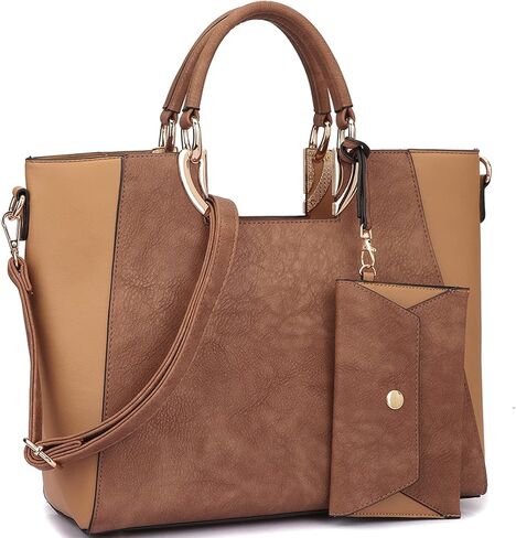 Women's Two-Tone Vegan Leather Tote Purse Large Top Handle Satchel Work Bag with Matching Wristlet in Kuwait