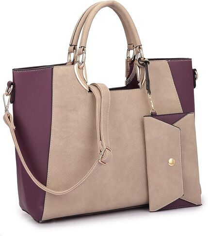 Women's Two-Tone Vegan Leather Tote Purse Large Top Handle Satchel Work Bag with Matching Wristlet in Kuwait