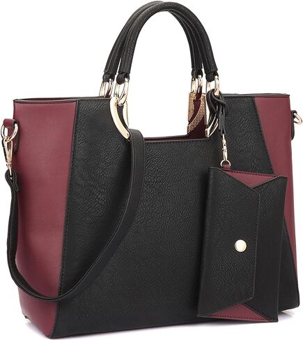 Women's Two-Tone Vegan Leather Tote Purse Large Top Handle Satchel Work Bag with Matching Wristlet in Kuwait