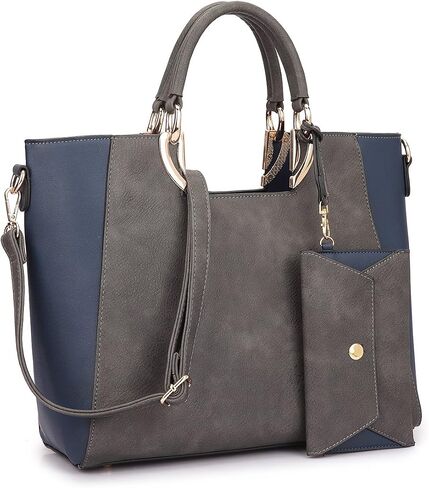 Women's Two-Tone Vegan Leather Tote Purse Large Top Handle Satchel Work Bag with Matching Wristlet in Kuwait