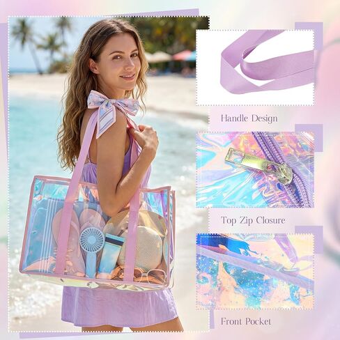 Aliceset 2 Pcs Holographic Iridescent Beach Bag for Women Pink Purple Clear Jelly Bag with with Silk Ribbon and Zipper Cruise Vacation Essentials in Kuwait