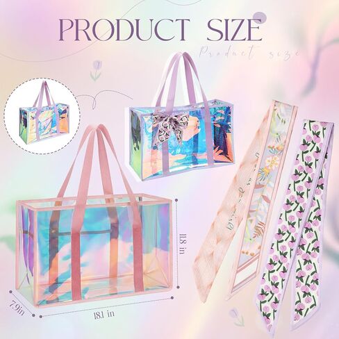 Aliceset 2 Pcs Holographic Iridescent Beach Bag for Women Pink Purple Clear Jelly Bag with with Silk Ribbon and Zipper Cruise Vacation Essentials in Kuwait