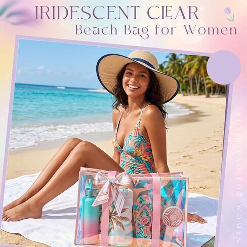 Aliceset 2 Pcs Holographic Iridescent Beach Bag for Women Pink Purple Clear Jelly Bag with with Silk Ribbon and Zipper Cruise Vacation Essentials in Kuwait