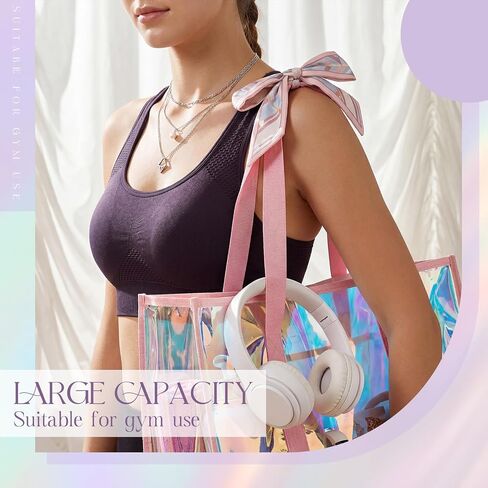 Aliceset 2 Pcs Holographic Iridescent Beach Bag for Women Pink Purple Clear Jelly Bag with with Silk Ribbon and Zipper Cruise Vacation Essentials in Kuwait