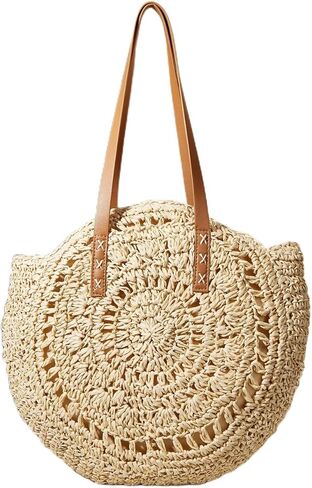 Handwoven Straw Bag for Women Summer Beach Straw Shoulder Bags Round Tote Large Handbags Purses in Kuwait