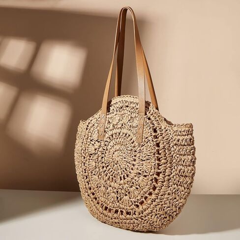 Handwoven Straw Bag for Women Summer Beach Straw Shoulder Bags Round Tote Large Handbags Purses in Saudi Arabia