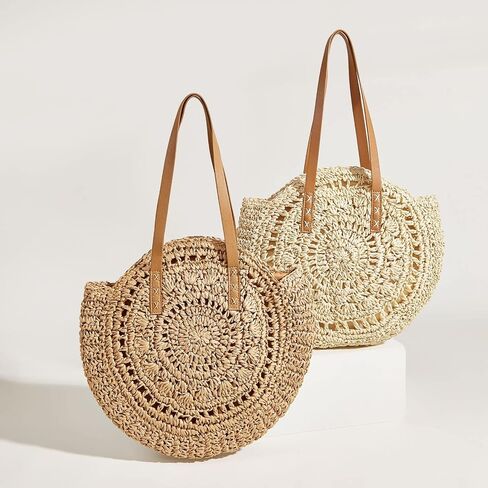 Handwoven Straw Bag for Women Summer Beach Straw Shoulder Bags Round Tote Large Handbags Purses in Kuwait