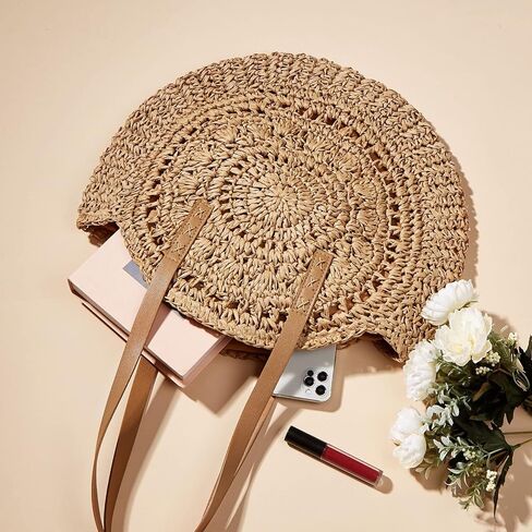 Handwoven Straw Bag for Women Summer Beach Straw Shoulder Bags Round Tote Large Handbags Purses in Saudi Arabia