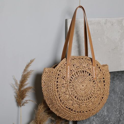 Handwoven Straw Bag for Women Summer Beach Straw Shoulder Bags Round Tote Large Handbags Purses in Kuwait