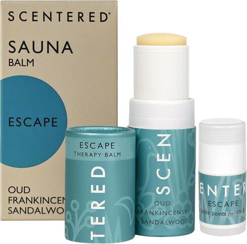 Scentered Sauna Balm Duo - Escape Essential Oils Blend Aromatherapy Balm Stick for Sauna Rituals - Sauna Accessories Set with Oud, Frankincense & Sandalwood - Sauna Gifts in Saudi Arabia