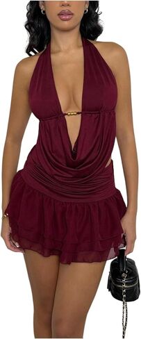 Milumia Women's Two Piece Outfits Summer Deep V Neck Draped Halter Top Ruffle Layered Mini Skirt Sets Going Out in Kuwait